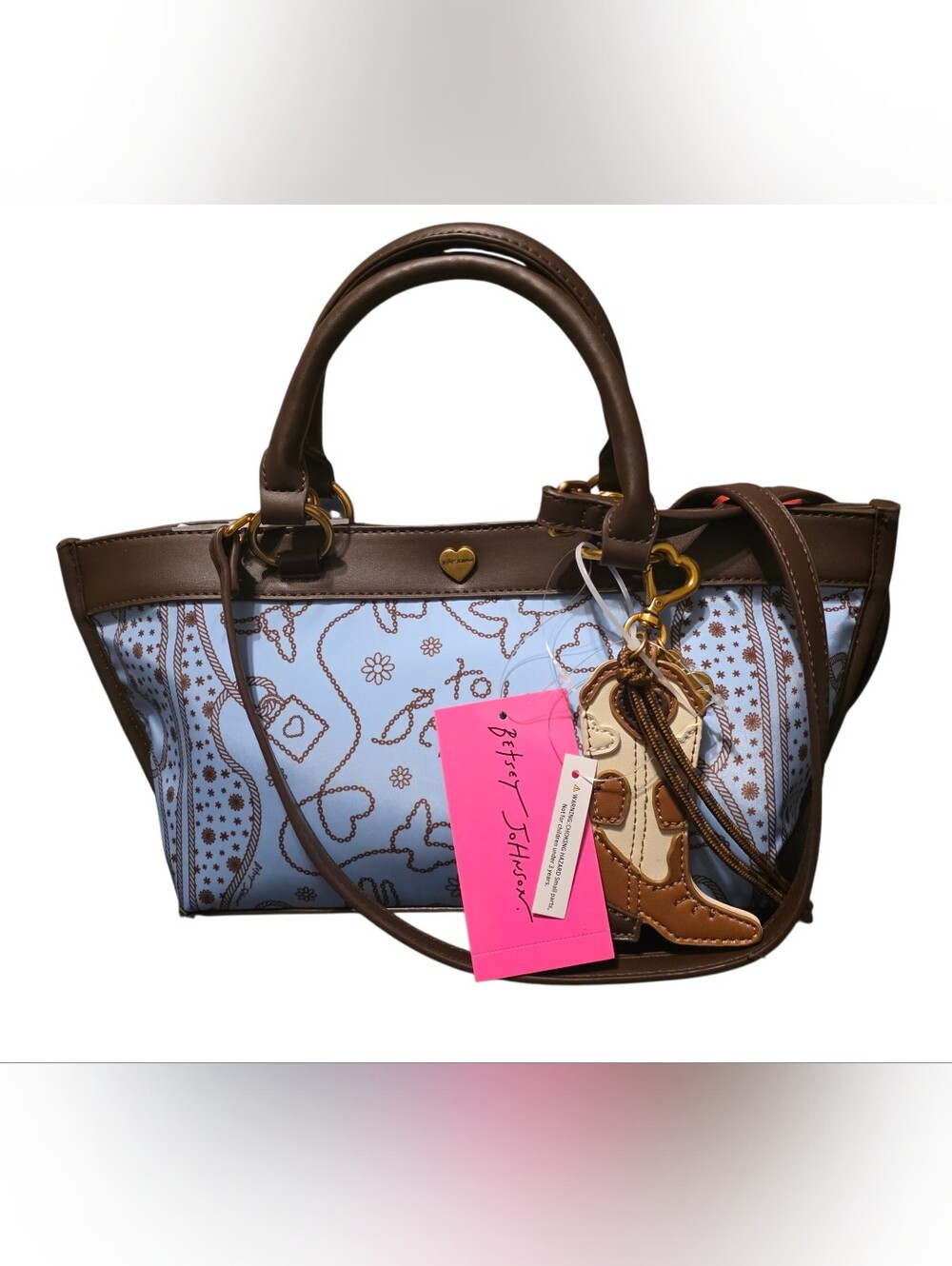 Betsey Johnson Brown Trim Blue Patterned Satchel
